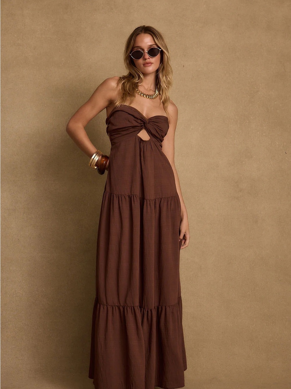 12th Tribe Strapless Brown Maxi Dress with Keyhole Twist
